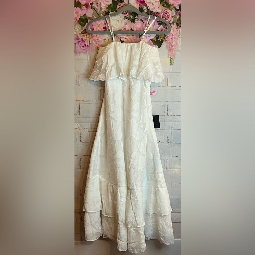 Lulus Strapless Floral Embroidered Ruffle Tiered Long Dress in Ivory size S NWT